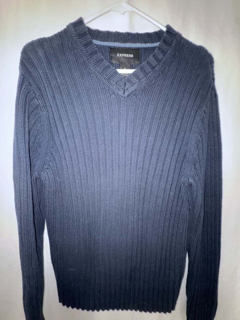 Express Y2k Men's Navy Blue Ribbed Cotton V-Neck Sweater